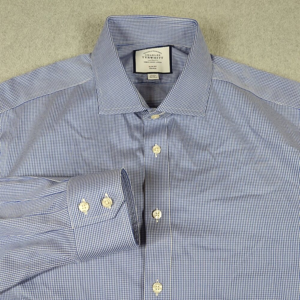 Charles Tyrwhitt Shirt Men's 17-37 Blue Long Sleeve Slim Fit Non Iron Button Up